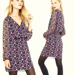 Express Floral Faux Wrap Mini Dress Medium Black Purple Long Sleeve Boho Chic